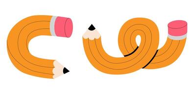 Pencils set illustration. Twisted flexible yellow simple pencil in different shapes like heart, knot, check mark, bend one, doodles. Back to school, teachers day concept. vector