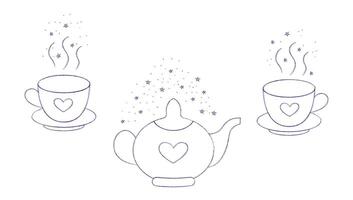 Whimsical Teapot and Teacups. Hand drawn illustration isolated on white background vector