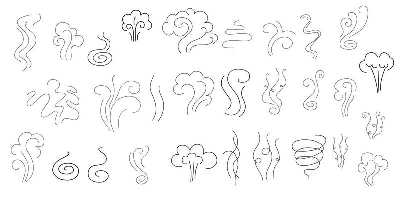 Steam and smoke lines icons set. Air wind and scent linear collection, heat waves or aroma from cooking food and hot coffee, gas and fumes. Steam swirls icons of doodle style illustration