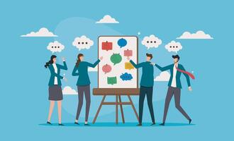 Business forums or discussions, creative idea brainstorming, training courses, and professional interaction with whiteboards and sticky notes vector