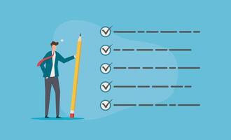 Businessman with giant pencil next to checklist, suitable for business presentations, planning concepts, project management, and organization themes vector