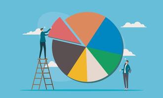 Investment asset allocation and adjustment strategies, with business people, investors or financial planners constructing pie charts on ladders to rebalance portfolios according to risk levels and pot vector