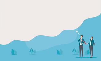 Man and woman in business attire contemplating on a blue background. Suitable for corporate presentations, financial websites, and professional marketing materials vector