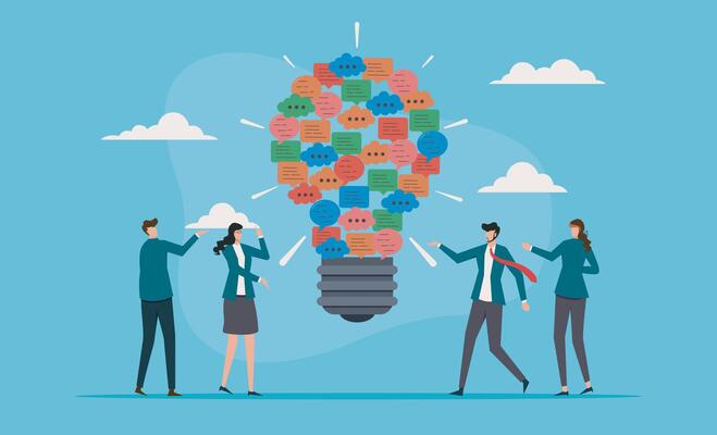 Clear and effective communication, solutions through discussions or meetings, delivery of important information, innovative ideas in teams, business conversations with speech symbols and inspiration