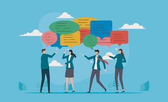 Discussion, conversation or brainstorming of ideas in a meeting, debate or team communication, colleagues discussing opinions and concepts, with business team co-workers discussing work in a meeting vector