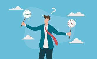 Businessman in a suit holding a check mark and x symbol. Great for decisionmaking, business concepts vector