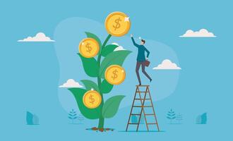 Man reaching for gold coin on money tree. Suitable for finance, wealth, investment, concepts related to money growth and success. vector