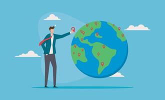Businessman showing location pin on globe, ideal for travel and global business concepts. Cloudy background adds a sense of connection vector