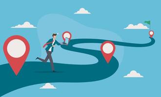 Man running towards a goal on a winding road. Suitable for motivational content, success concepts, fitness goals, and perseverance themes in designs vector