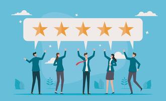 Customer loyalty and consumer satisfaction are shown through five-star reviews, reflecting the best experience and trust to use the service again vector