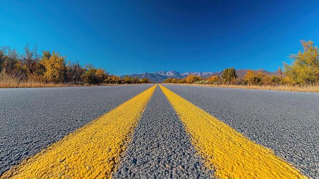 A yellow line on the side of an empty road photo