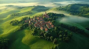 An aerial view of a village on a hill photo