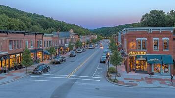 A town with cars parked on the street and shops photo