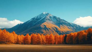 A mountain with orange trees and a blue sky photo