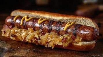 A hot dog with sauerkraut and onions photo