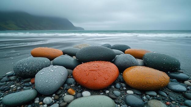 A group of rocks on the beach photo