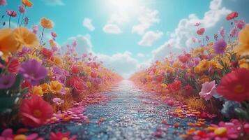 A path through a field of flowers with sun and clouds photo