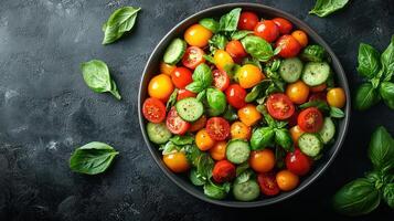 A bowl of tomatoes, cucumbers and basil leaves photo