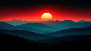 A red and orange sunset over the mountains photo