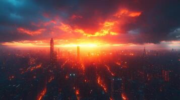 A cityscape with a sunset in the background photo