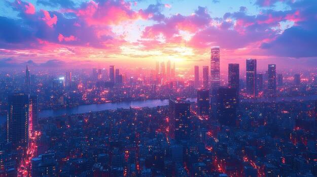 A cityscape with skyscrapers and neon lights photo