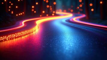 A road with neon lights and a tree in the background photo