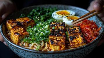 A bowl of food with tofu, eggs and vegetables photo