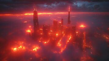A city in the clouds with fire and smoke photo