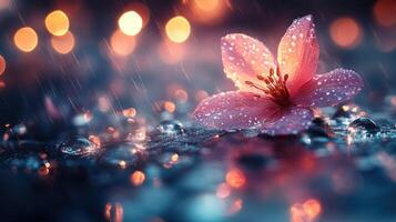 Raindrops on a pink flower in the rain photo