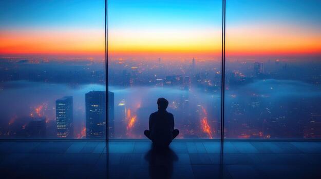 Silhouette of man meditating in front of large windows with cityscape photo