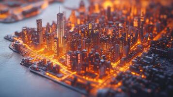 An aerial view of a city at night photo