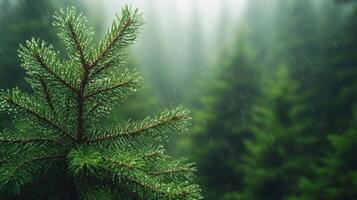A pine tree in the rain with green leaves photo