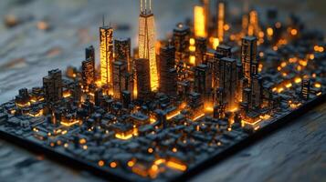 A 3d model of a city with orange lights photo