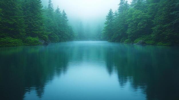A lake surrounded by trees and fog photo