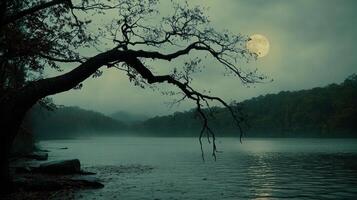 A tree is sitting on the shore of a lake with a full moon photo