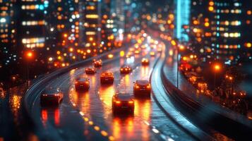 Cars driving on a highway at night with lights on photo