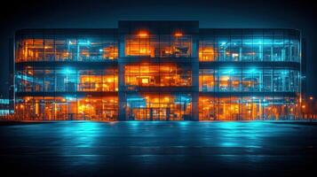A building with lights on at night photo