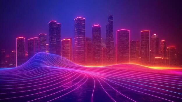 A futuristic cityscape with neon lights and lines photo