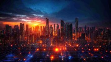 The city is lit up at sunset photo