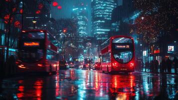 A red double decker bus on a rainy night photo