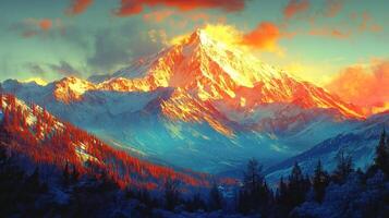 A mountain with a colorful sky and trees photo