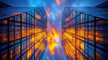 Two tall buildings with orange and blue lights photo