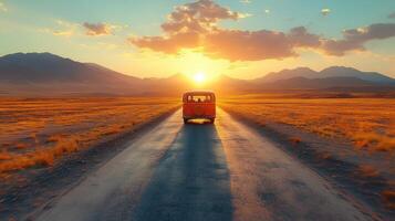 A red bus driving down a road at sunset photo