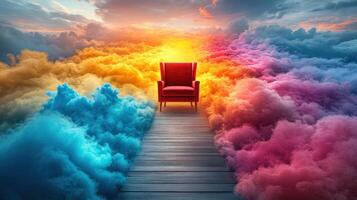 A chair is sitting on a wooden bridge over a cloud filled sky photo