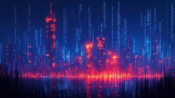 A city with red and blue lights on the water photo