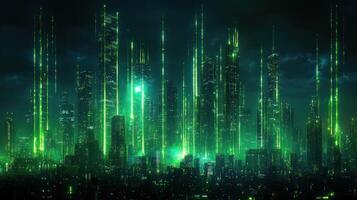 A futuristic city with green lights photo