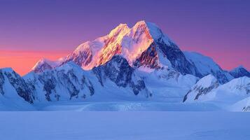 A mountain range with snow covered peaks at sunset photo