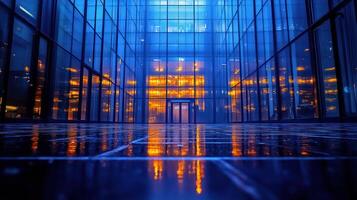 A dark hallway with glass windows and lights photo