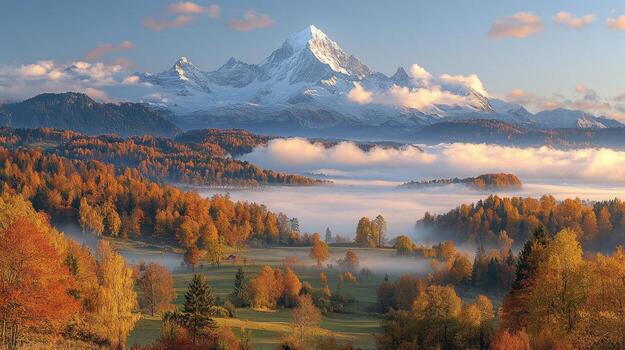 A beautiful mountain range with trees and fog photo