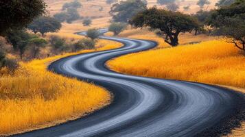 A winding road with a lone horse on it photo